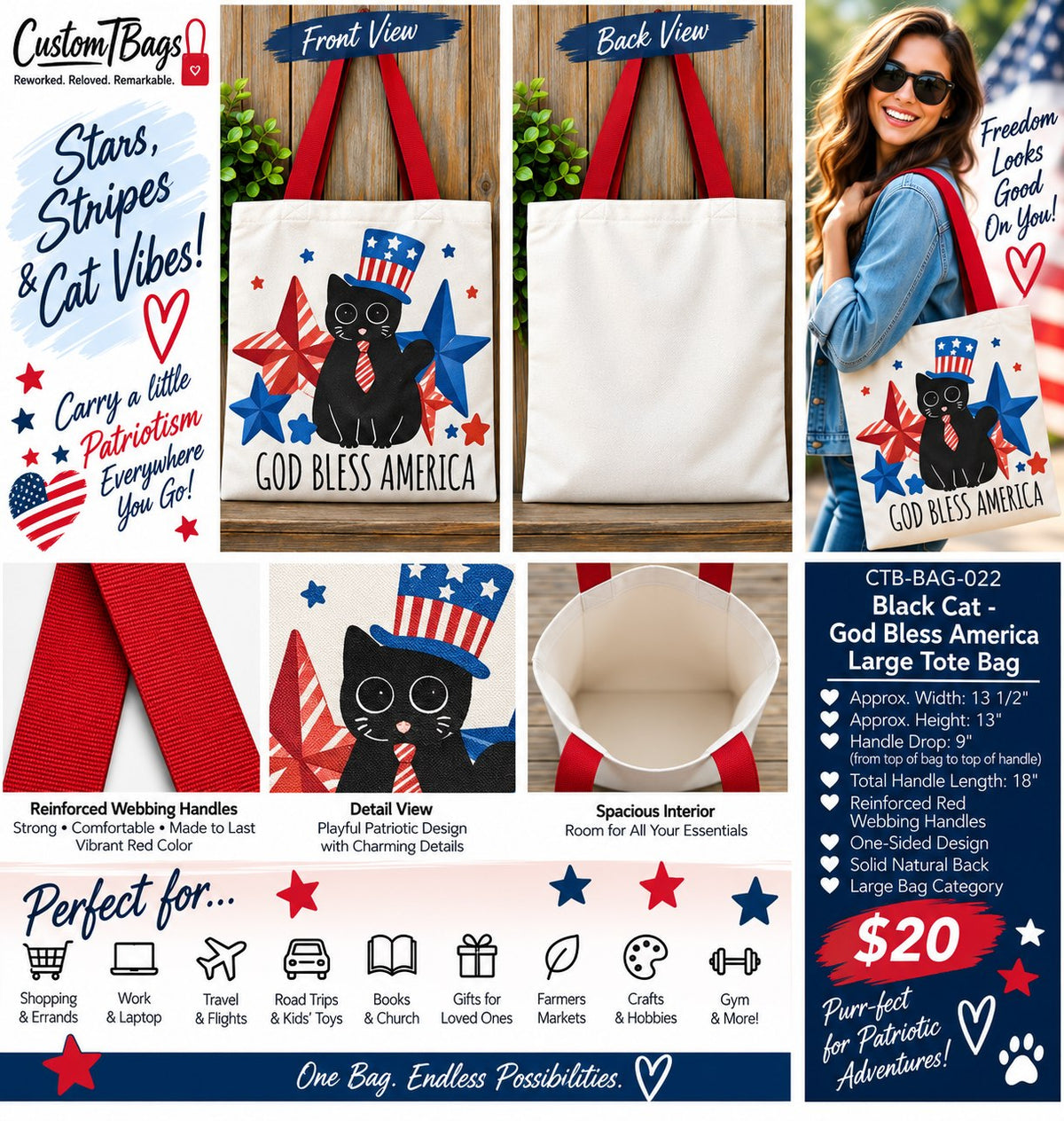 Black Cat God Bless America Large Tote Bag - details and styling
