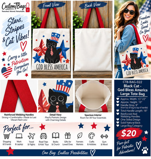 Black Cat God Bless America Large Tote Bag - details and styling