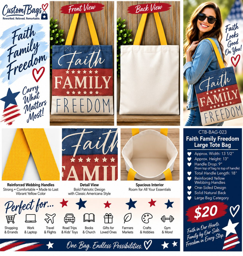 Faith Family Freedom Large Tote Bag - details and styling
