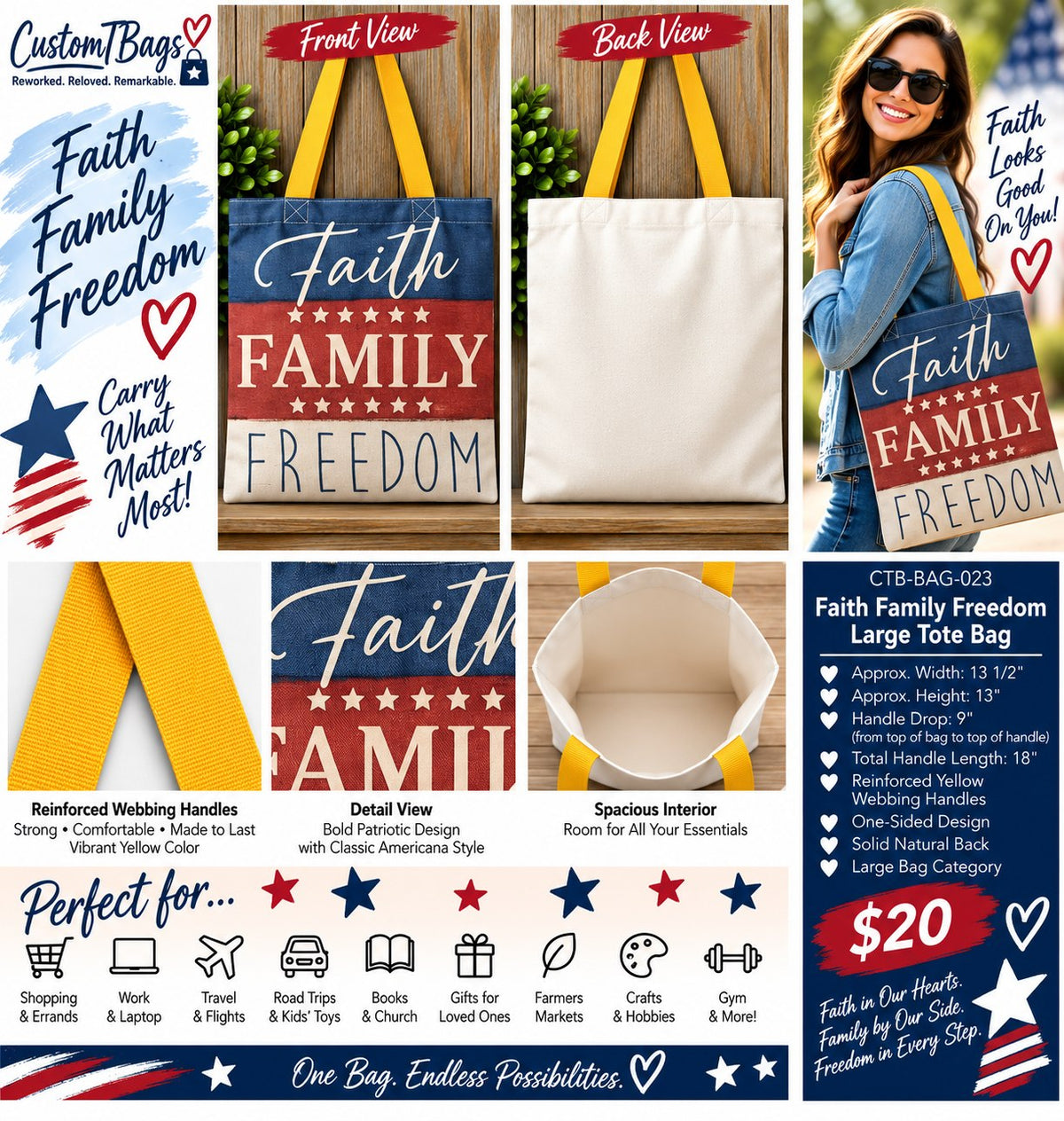 Faith Family Freedom Large Tote Bag - details and styling