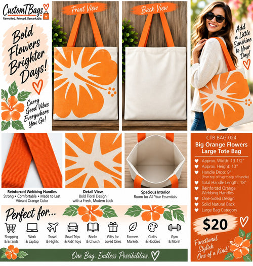 Big Orange Flowers Large Tote Bag - details and styling