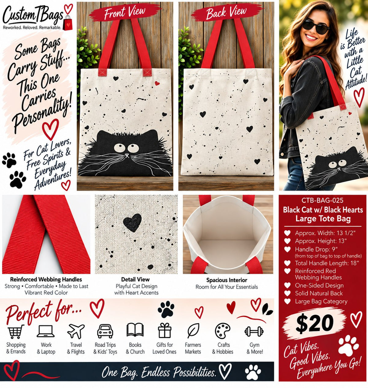 Black Cat w/ Black Hearts Large Tote Bag - details and styling