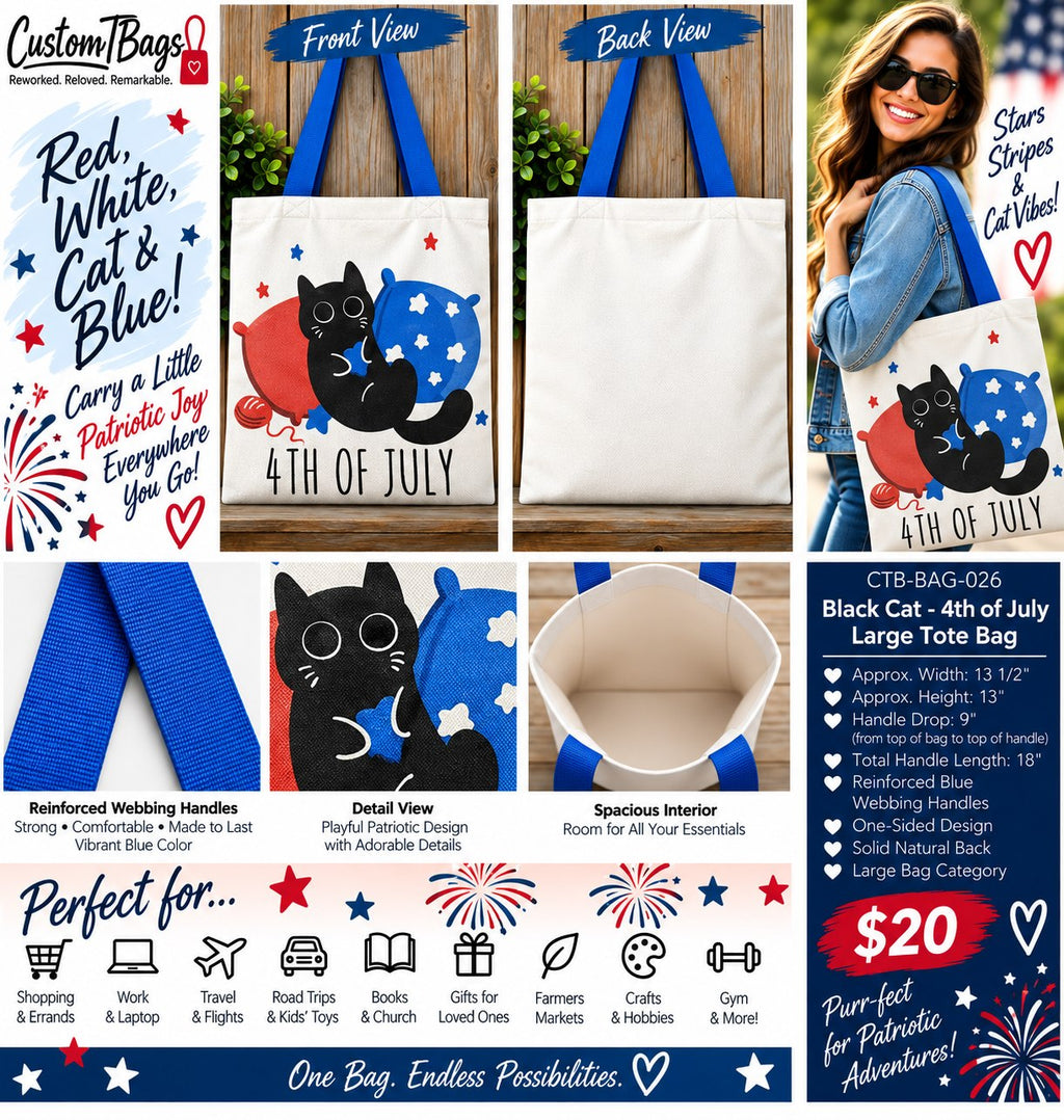 Black Cat 4th of July Large Tote Bag - details and styling