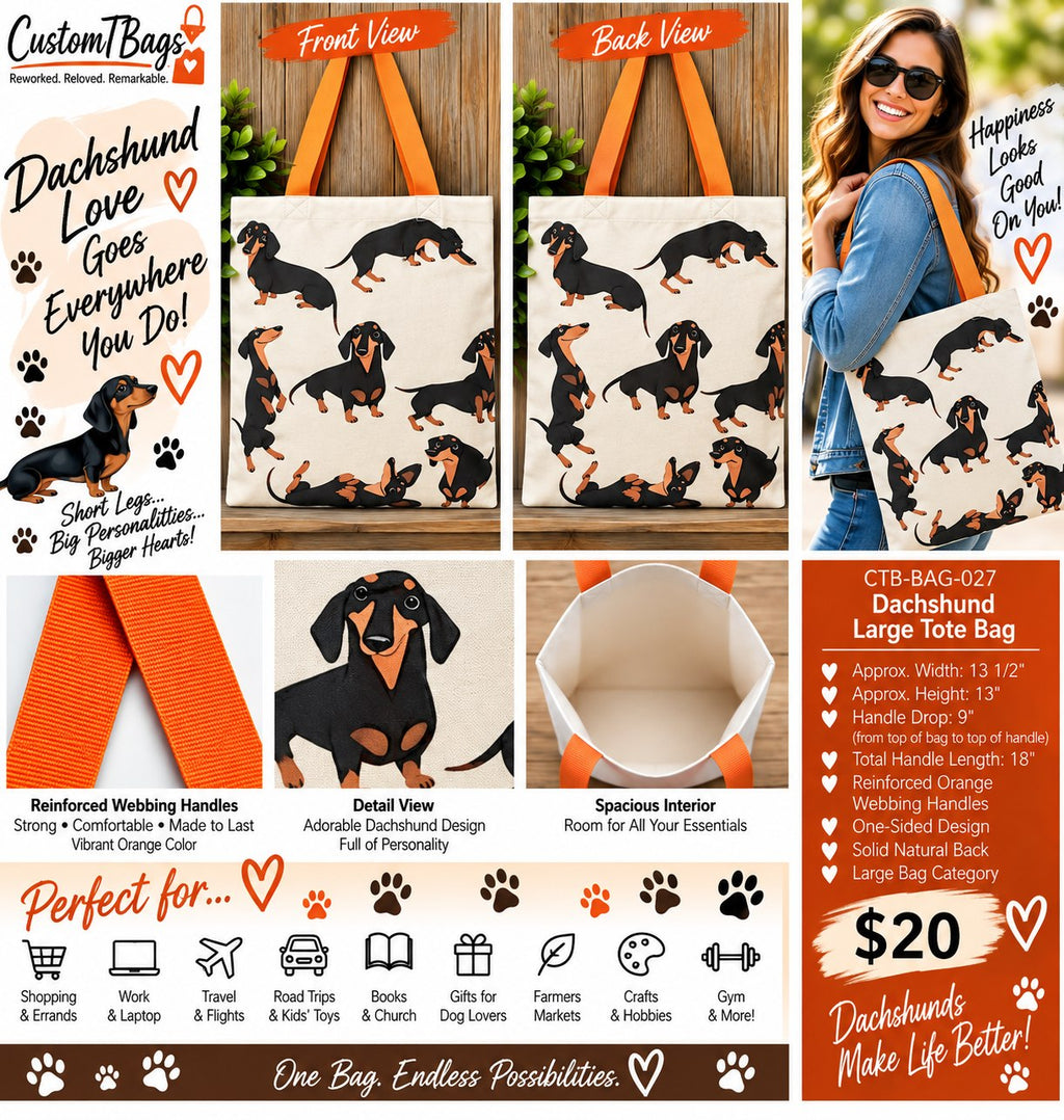 Dachshund Love Large Tote Bag | One-of-a-Kind Custom TBags - details and styling