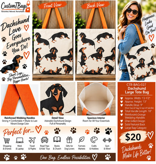 Dachshund Love Large Tote Bag | One-of-a-Kind Custom TBags - details and styling