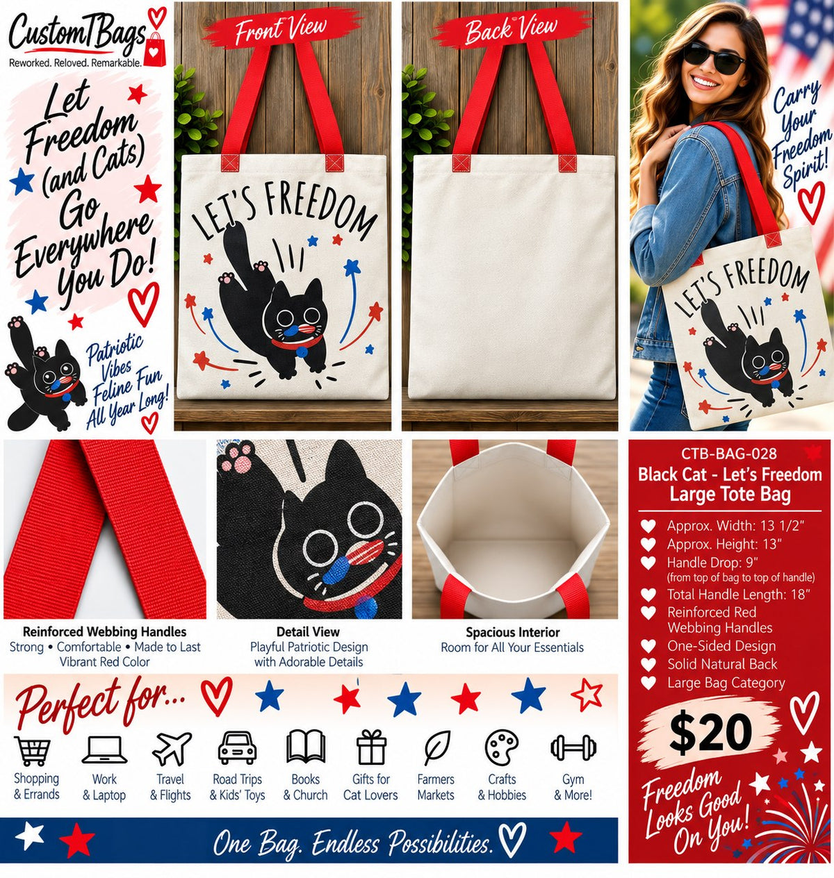 Black Cat – Let's Freedom Large Tote Bag | One-of-a-Kind Custom TBags - details and styling