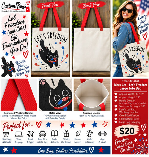 Black Cat – Let's Freedom Large Tote Bag | One-of-a-Kind Custom TBags - details and styling