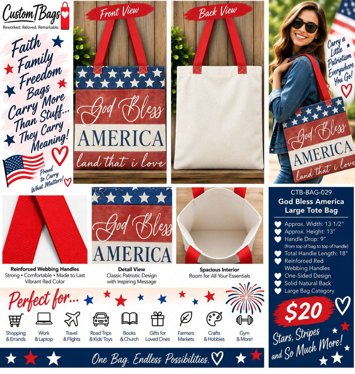 God Bless America Large Tote Bag | One-of-a-Kind Custom TBags - details and styling