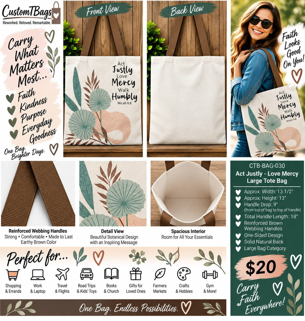 Act Justly – Love Mercy Large Tote Bag | One-of-a-Kind Custom TBags - details and styling