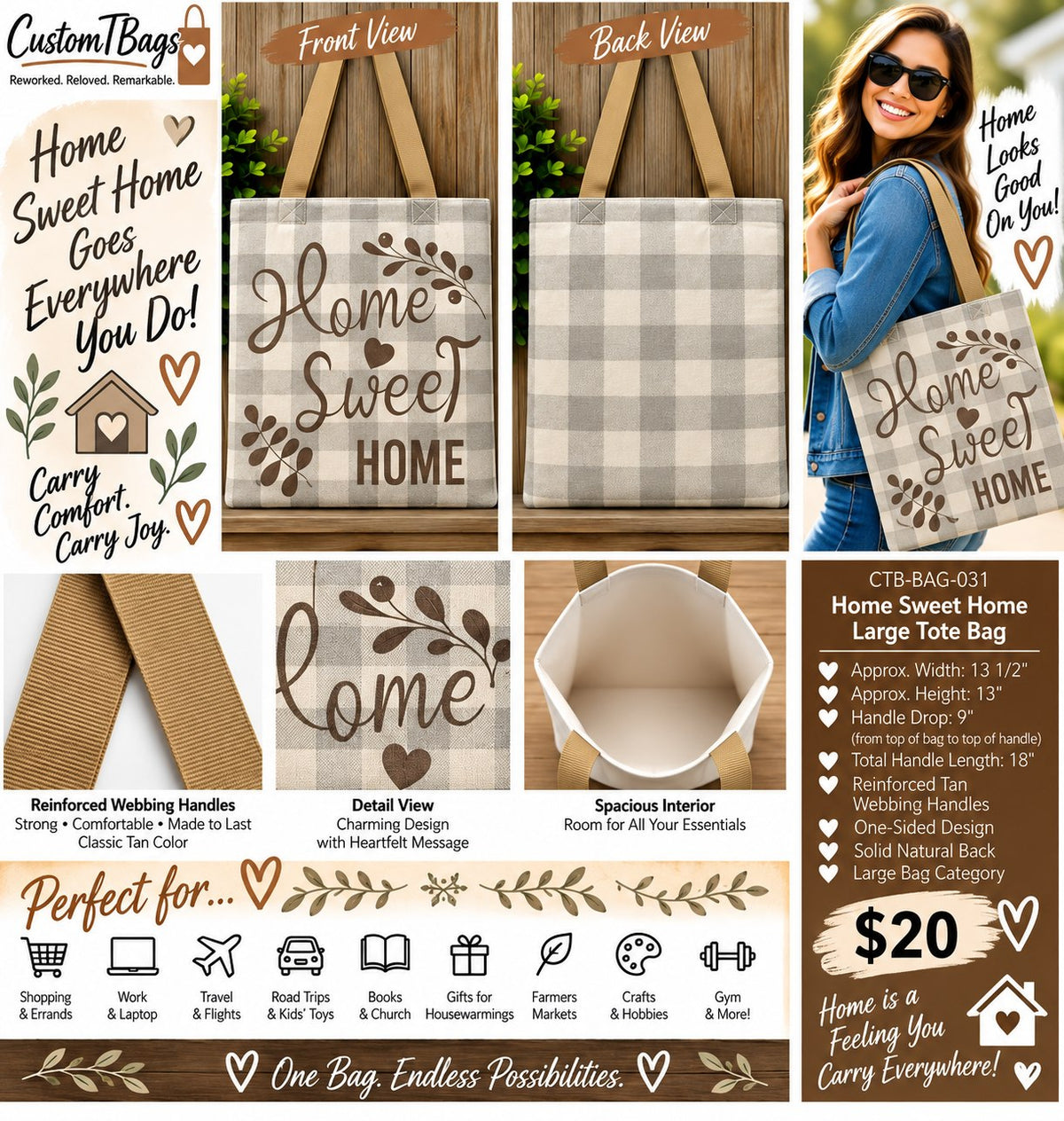 Home Sweet Home Large Tote Bag | One-of-a-Kind Custom TBags - details and styling