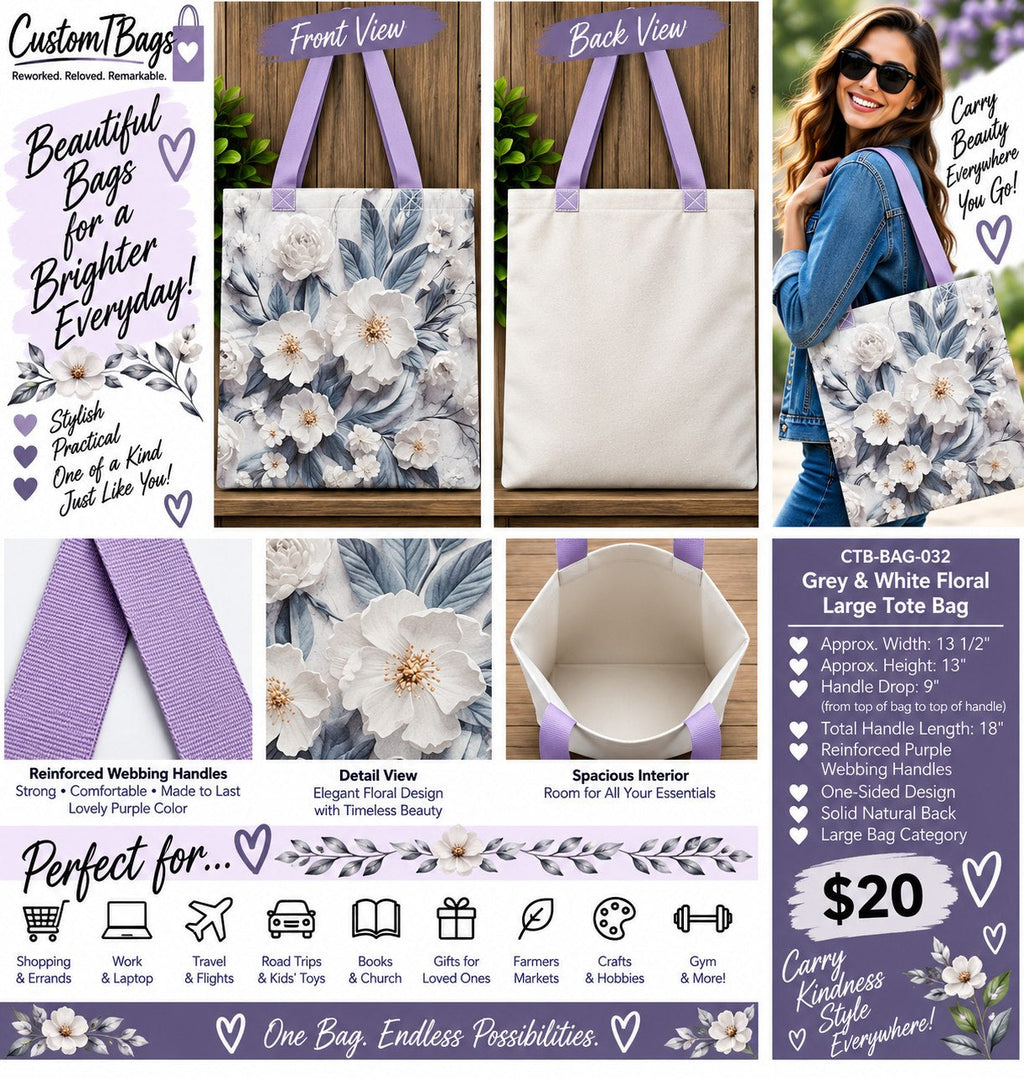 Grey & White Floral Large Tote Bag | One-of-a-Kind Custom TBags - details and styling