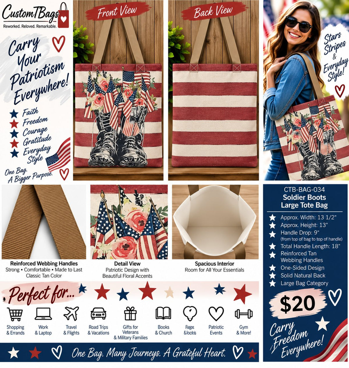 Soldier Boots Patriotic Large Tote Bag | One-of-a-Kind Custom TBags - details and styling