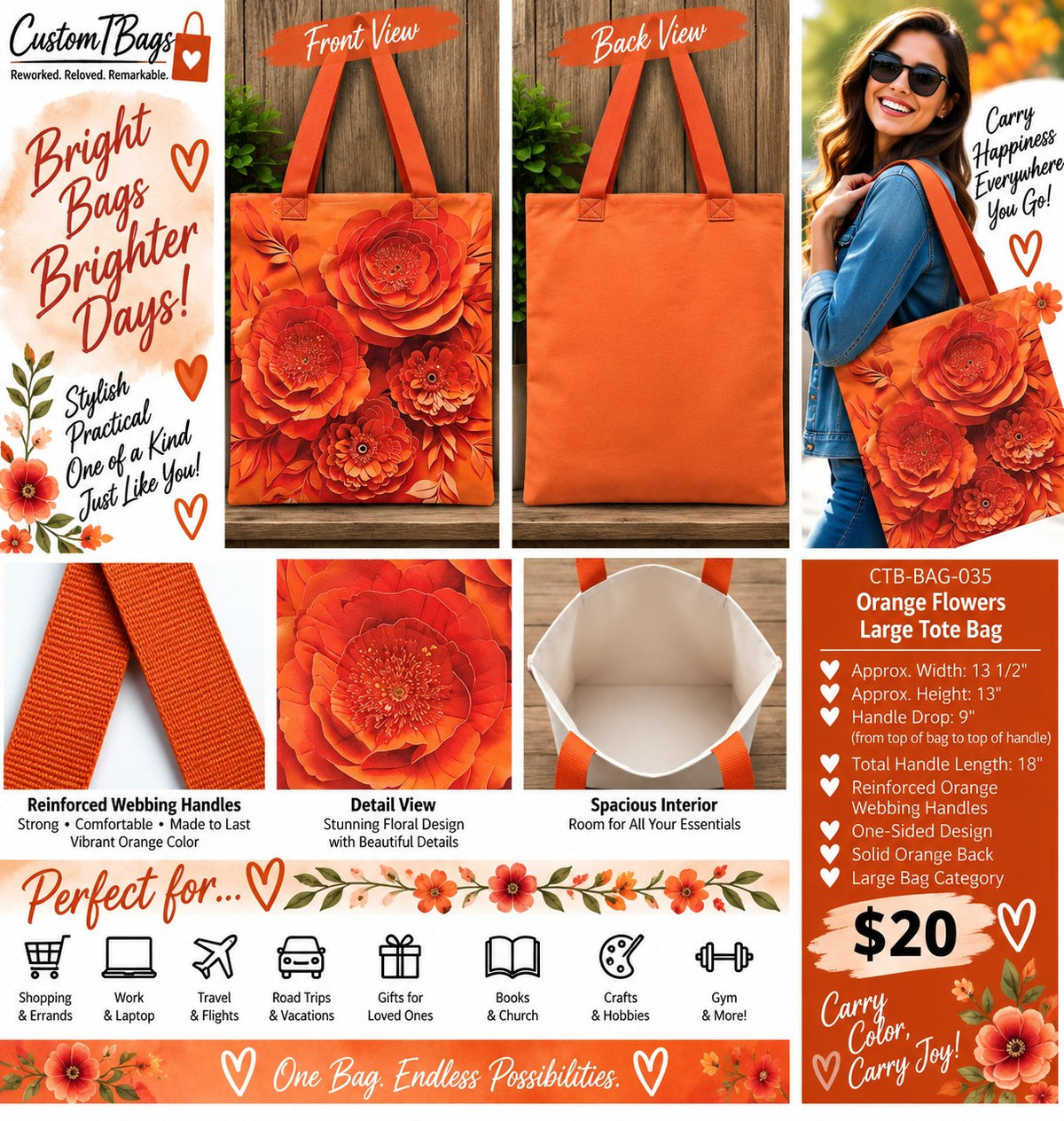Orange Flowers Large Tote Bag | Bright One-of-a-Kind Custom TBags - details and styling