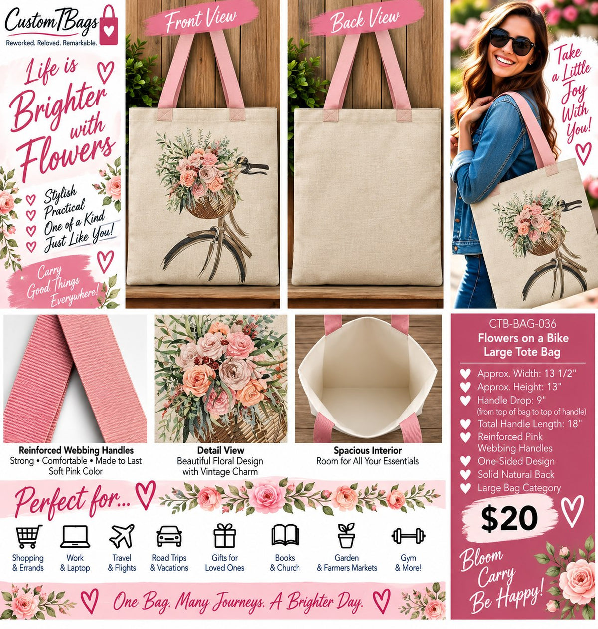 Flowers on a Bike Large Tote Bag | Romantic Cottage-Garden Custom TBags - details and styling