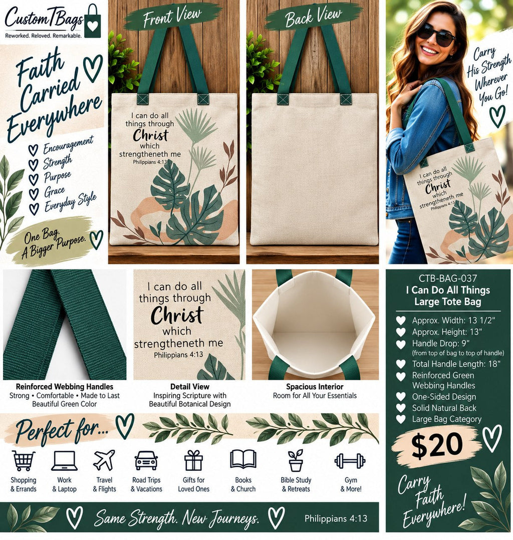 I Can Do All Things Large Faith Tote | Philippians 4:13 Custom TBags - details and styling