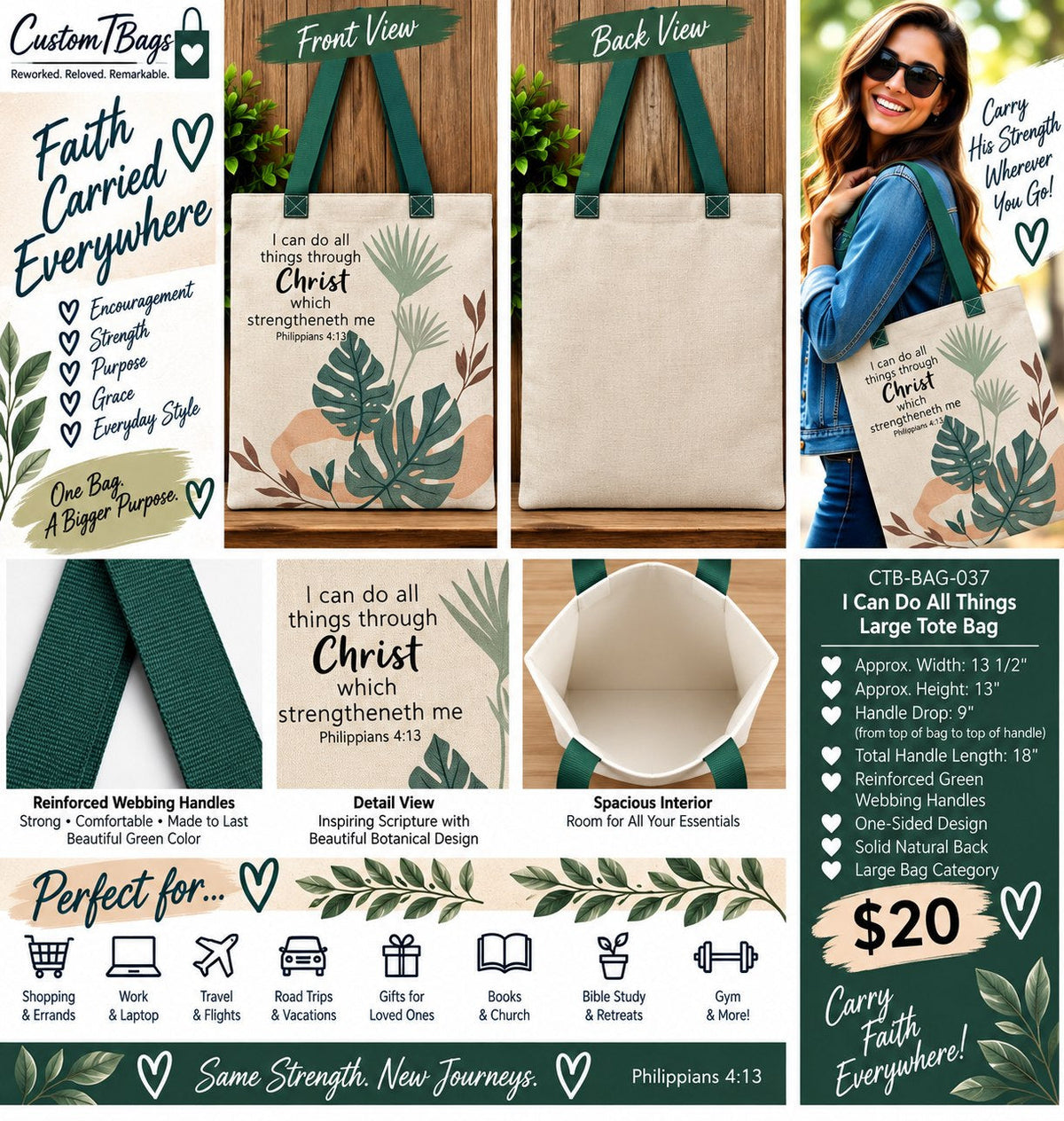 I Can Do All Things Large Faith Tote | Philippians 4:13 Custom TBags - details and styling