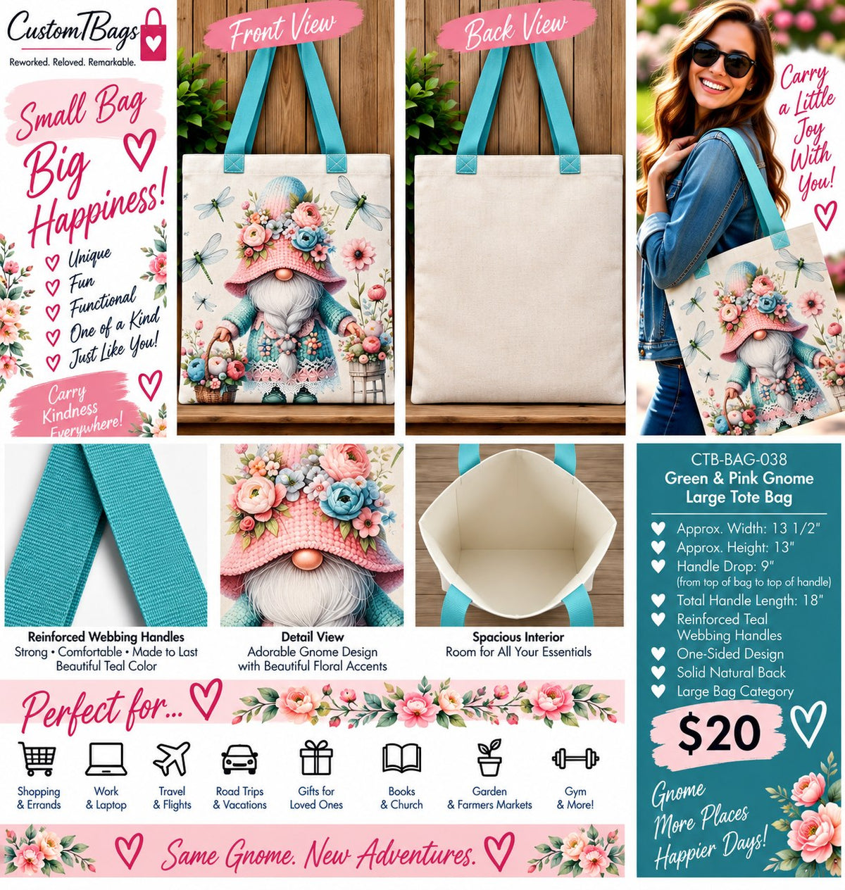 Green & Pink Gnome Large Tote Bag | Whimsical Garden Custom TBags - details and styling
