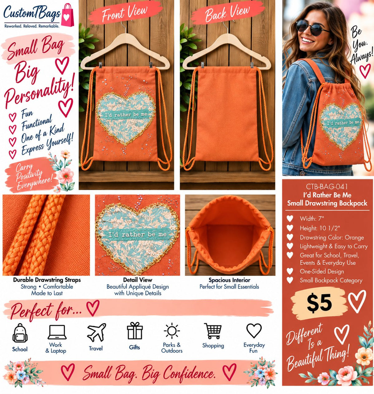 I'd Rather Be Me Small Drawstring Backpack | One-of-a-Kind Custom TBags - details and styling