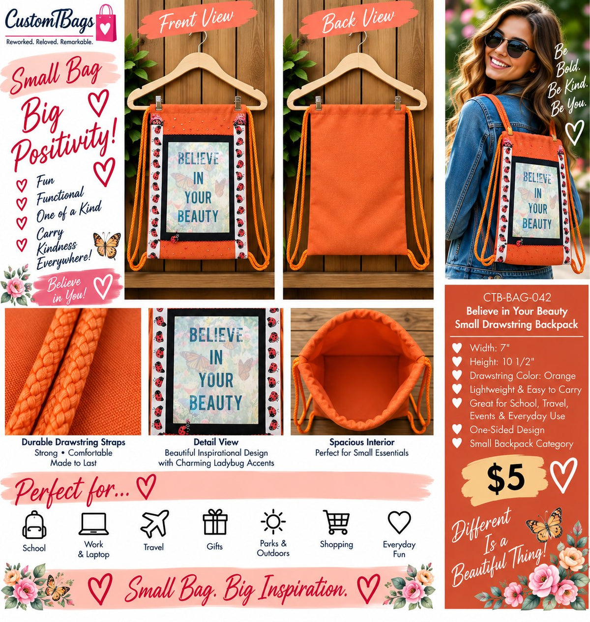 Believe in Your Beauty Small Drawstring Backpack | Custom TBags - details and styling