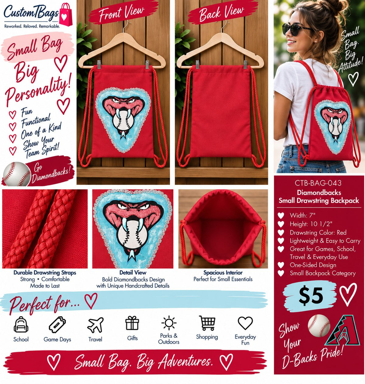 Diamondbacks Small Drawstring Backpack | Custom TBags - details and styling