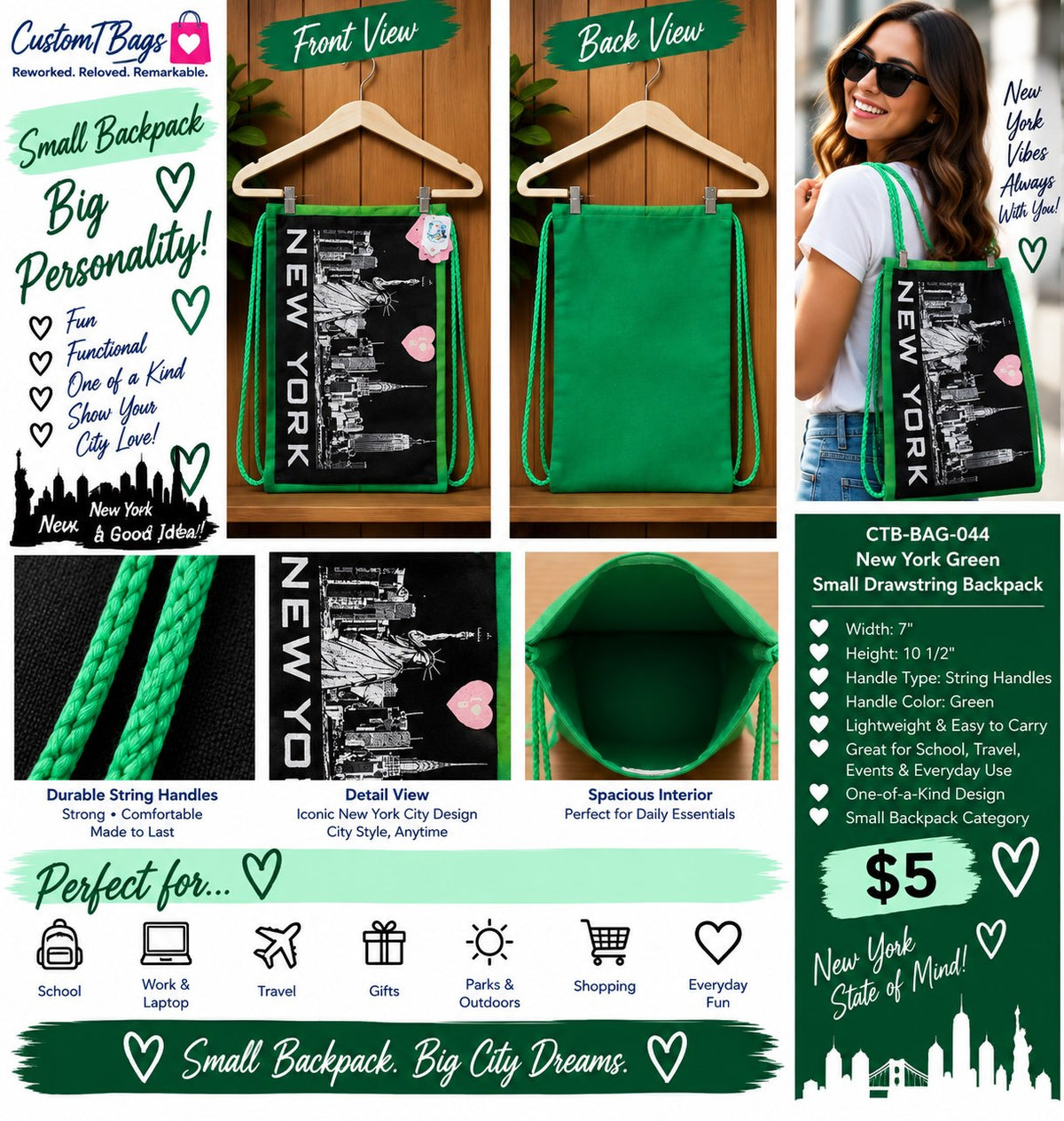 New York Green Small Drawstring Backpack | City-Lover Custom TBags - details and styling