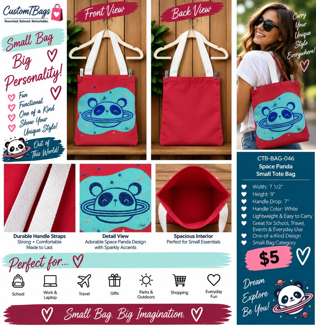 Space Panda Small Tote Bag | Whimsical One-of-a-Kind Custom TBags - details and styling