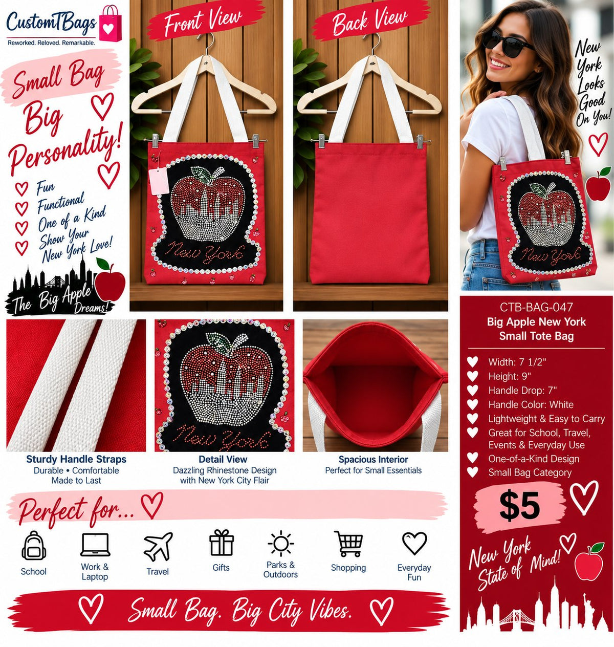 Big Apple New York Small Tote Bag | Rhinestone City Style Custom TBags - details and styling
