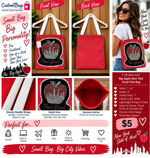 Big Apple New York Small Tote Bag | Rhinestone City Style Custom TBags - details and styling