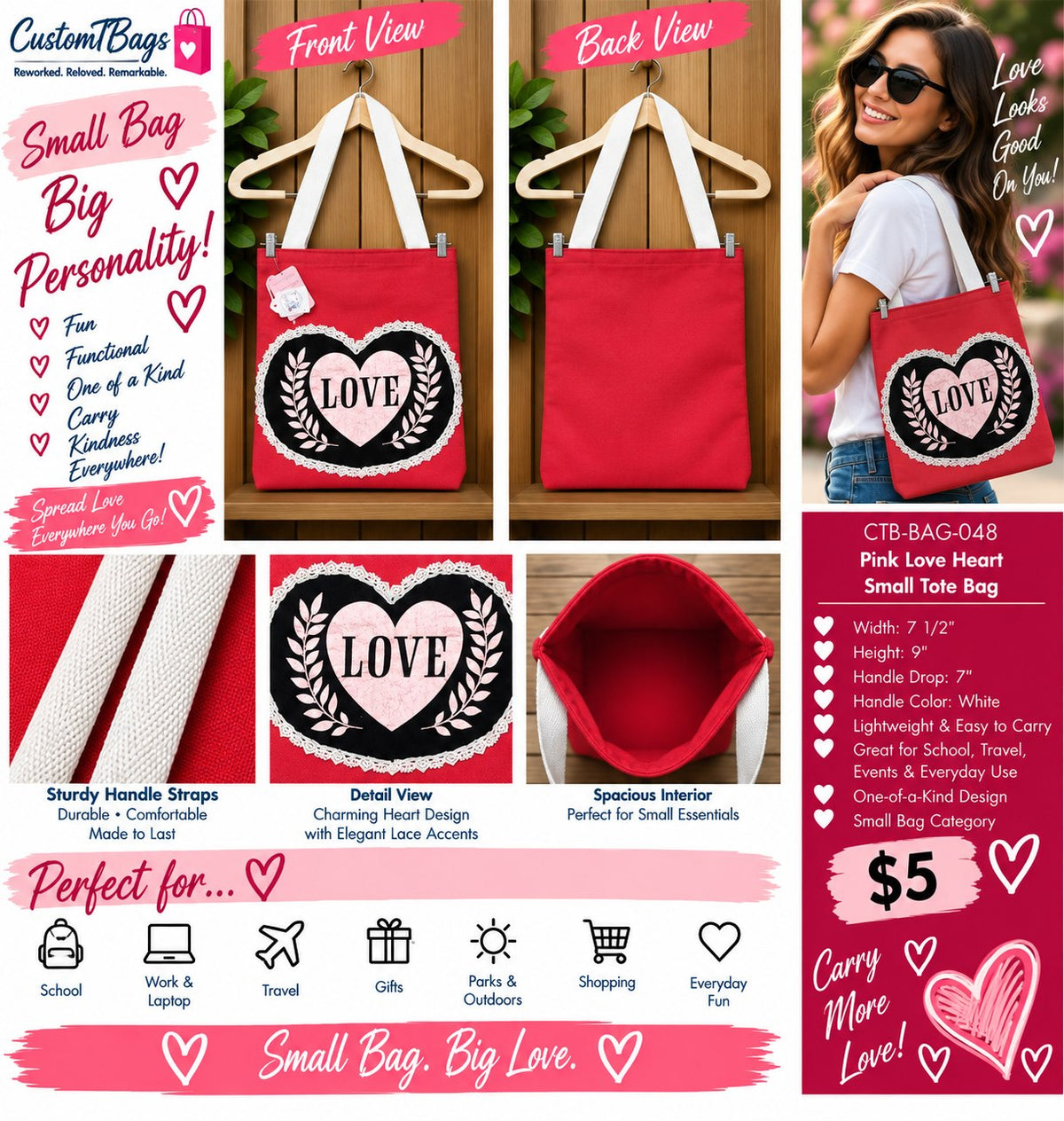 Pink Love Heart Small Tote Bag | Sweet One-of-a-Kind Custom TBags - details and styling