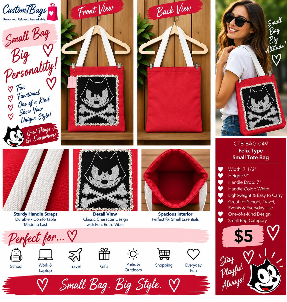 Felix Type Small Tote Bag | Retro Character Custom TBags - details and styling