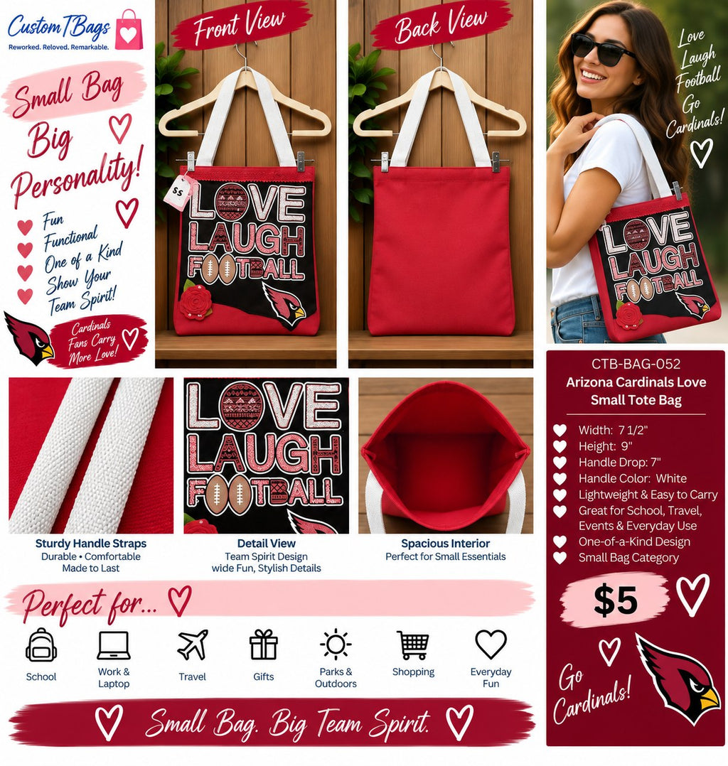 Arizona Cardinals Love Small Tote Bag | Custom TBags - details and styling