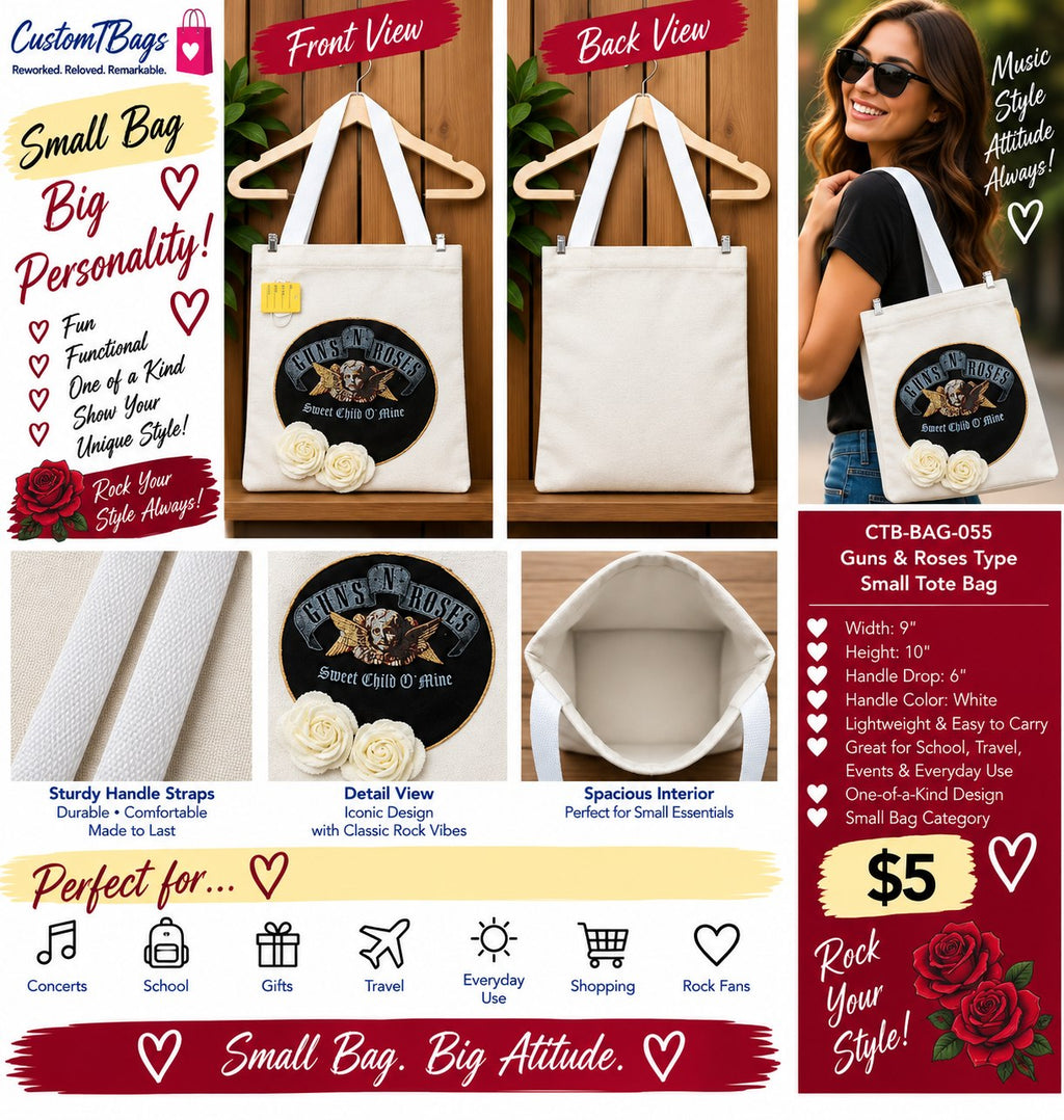 Guns N' Roses Small Tote Bag | One-of-a-Kind Custom TBags - details and styling