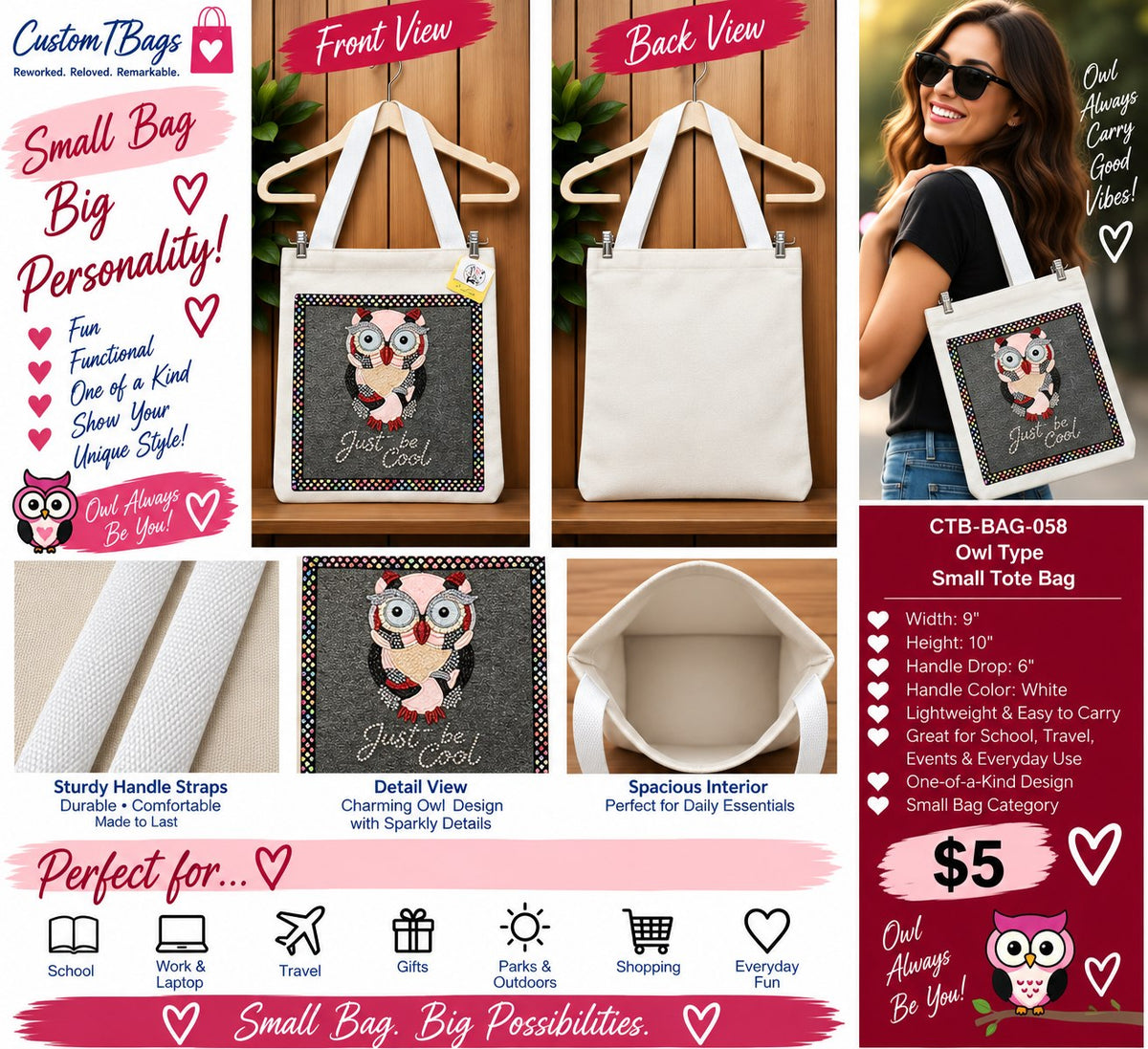 Sparkly Owl Small Tote Bag | One-of-a-Kind Custom TBags - details and styling