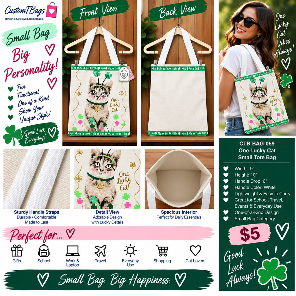 One Lucky Cat Small Tote Bag | One-of-a-Kind Custom TBags - details and styling