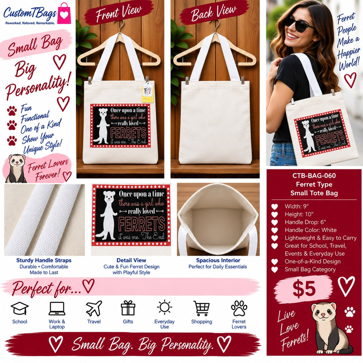 Ferret Lover Small Tote Bag | One-of-a-Kind Custom TBags - details and styling