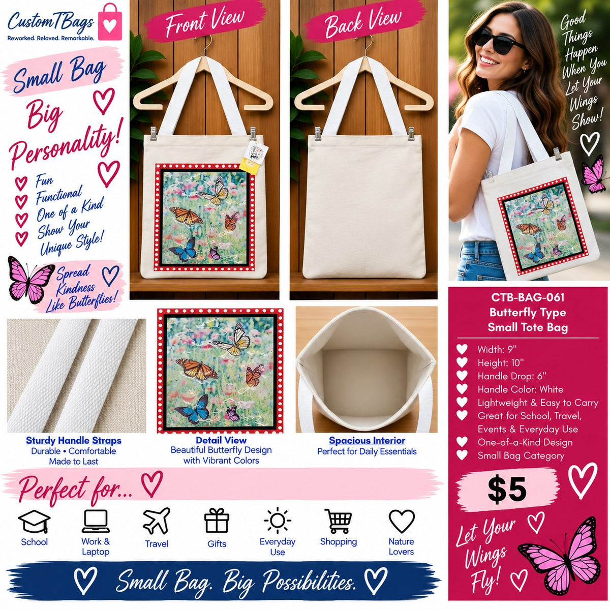 Butterfly Small Tote Bag | One-of-a-Kind Custom TBags - details and styling