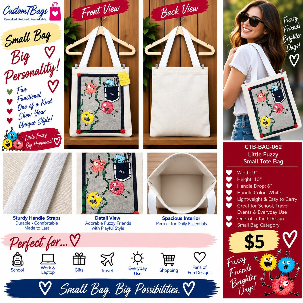 Little Fuzzy Small Tote Bag | One-of-a-Kind Custom TBags - details and styling