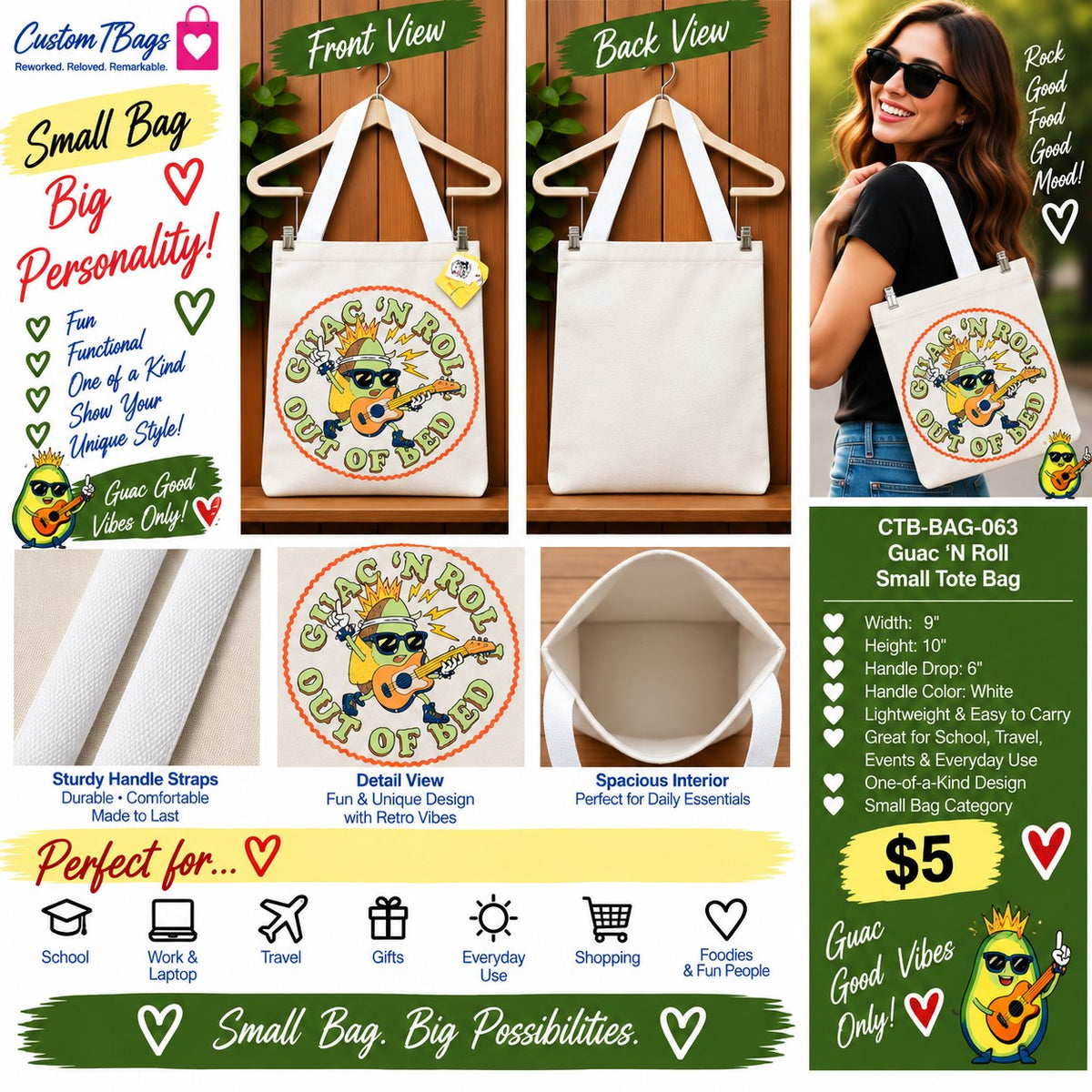 Guac N Roll Small Tote Bag | One-of-a-Kind Custom TBags - details and styling