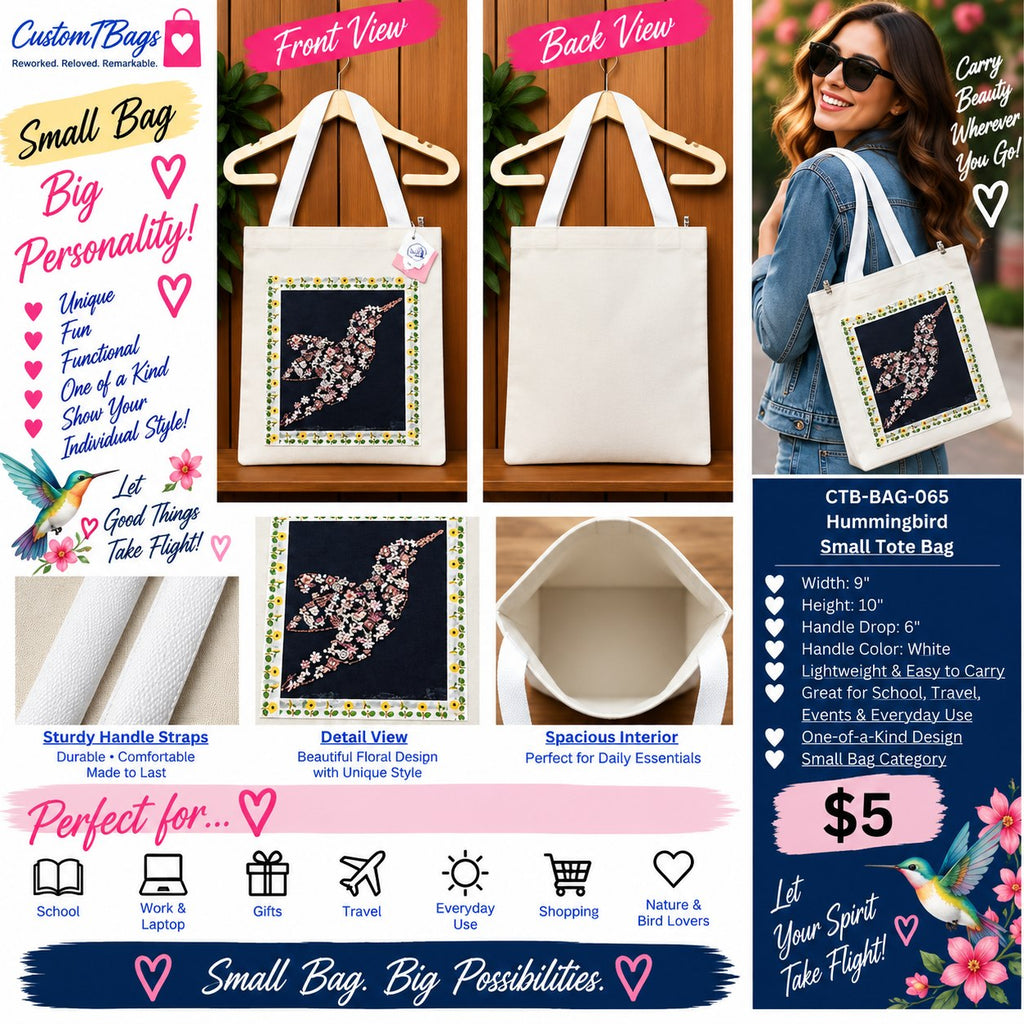 Hummingbird Small Tote Bag | One-of-a-Kind Custom TBags - details and styling