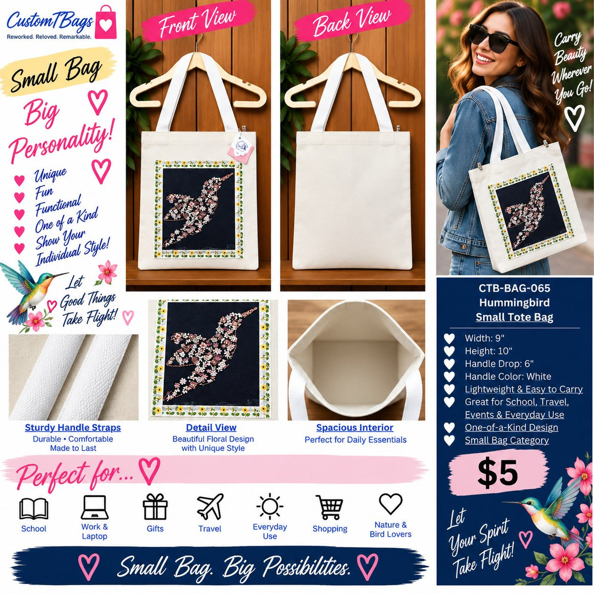 Hummingbird Small Tote Bag | One-of-a-Kind Custom TBags - details and styling