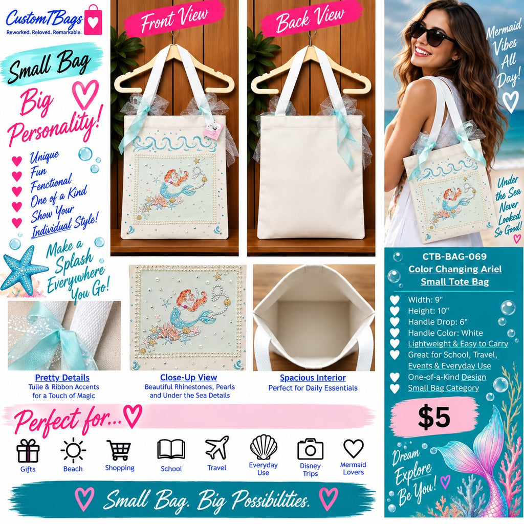 Color-Changing Ariel Mermaid Small Tote Bag | One-of-a-Kind Custom TBags - details and styling