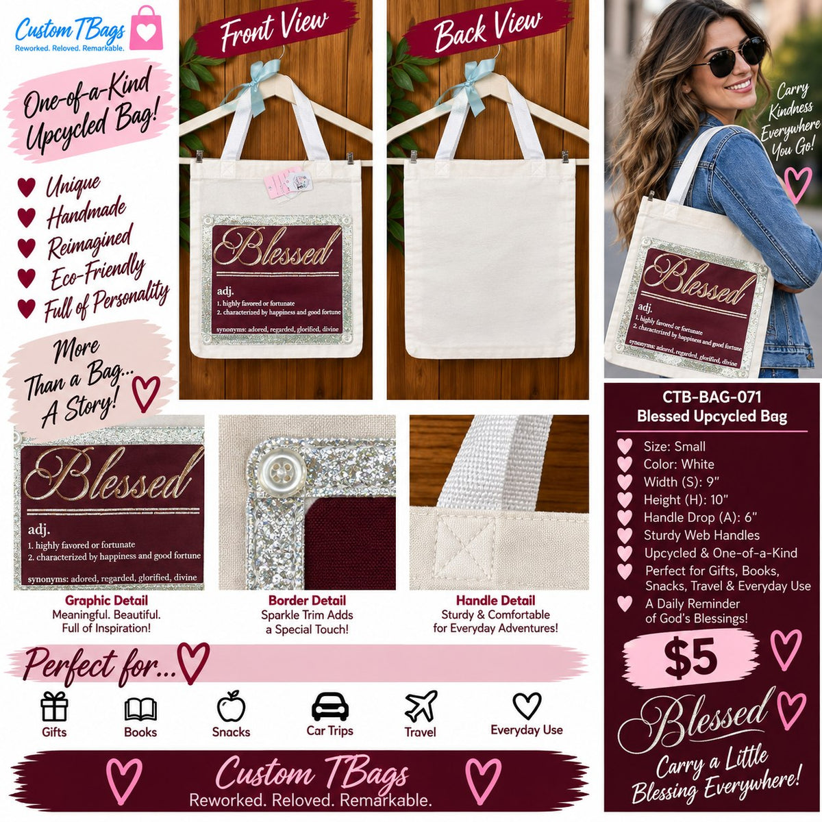 Blessed Small Tote Bag | One-of-a-Kind Custom TBags - details and styling