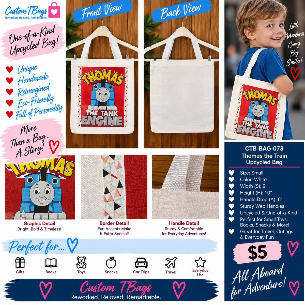Thomas the Train Small Tote Bag | One-of-a-Kind Custom TBags - details and styling