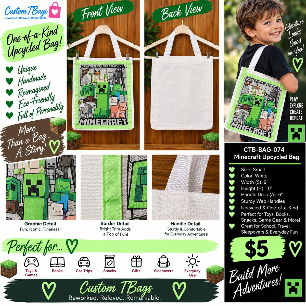 Minecraft Small Tote Bag | One-of-a-Kind Custom TBags - details and styling