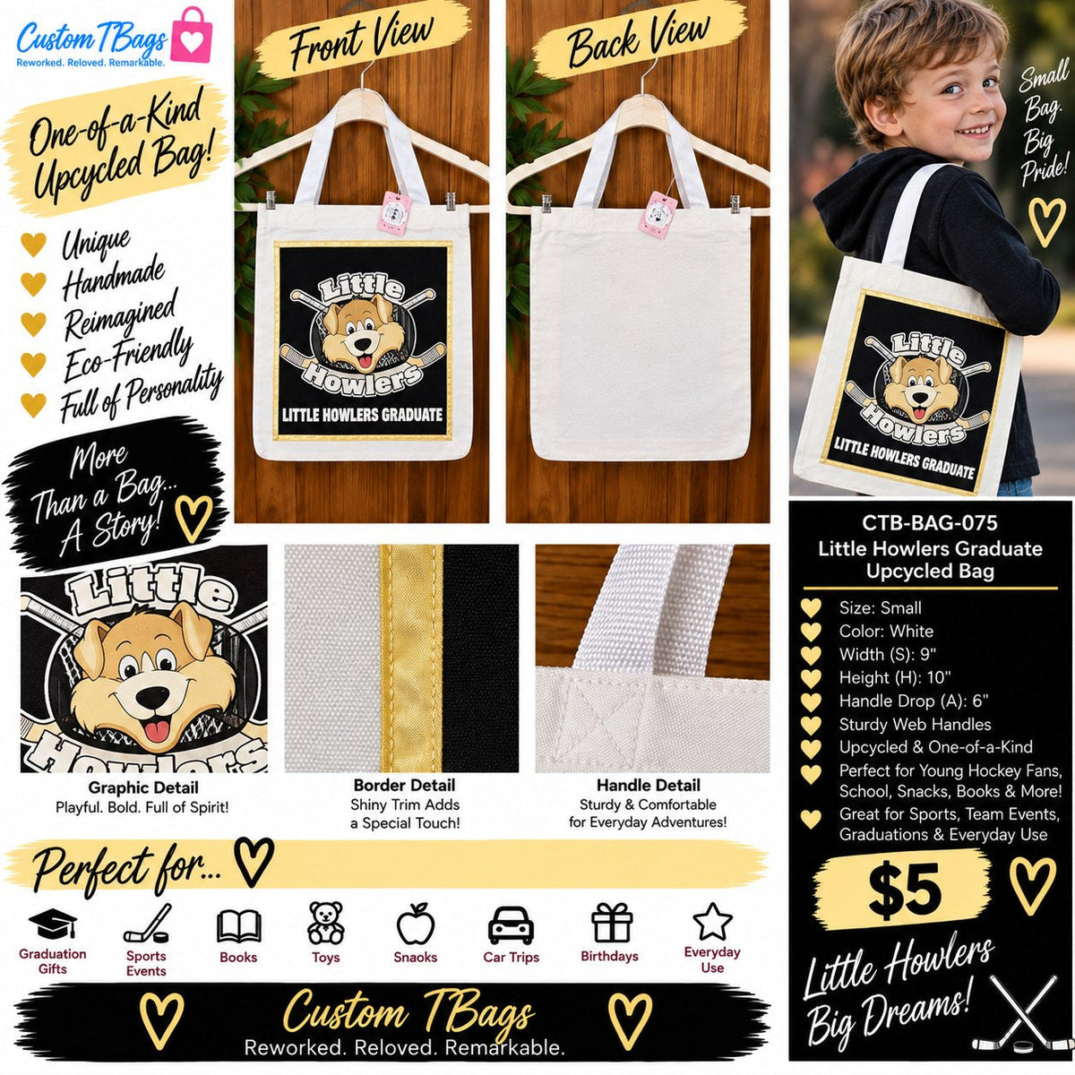 Little Howlers Graduate Small Tote Bag | One-of-a-Kind Custom TBags - details and styling