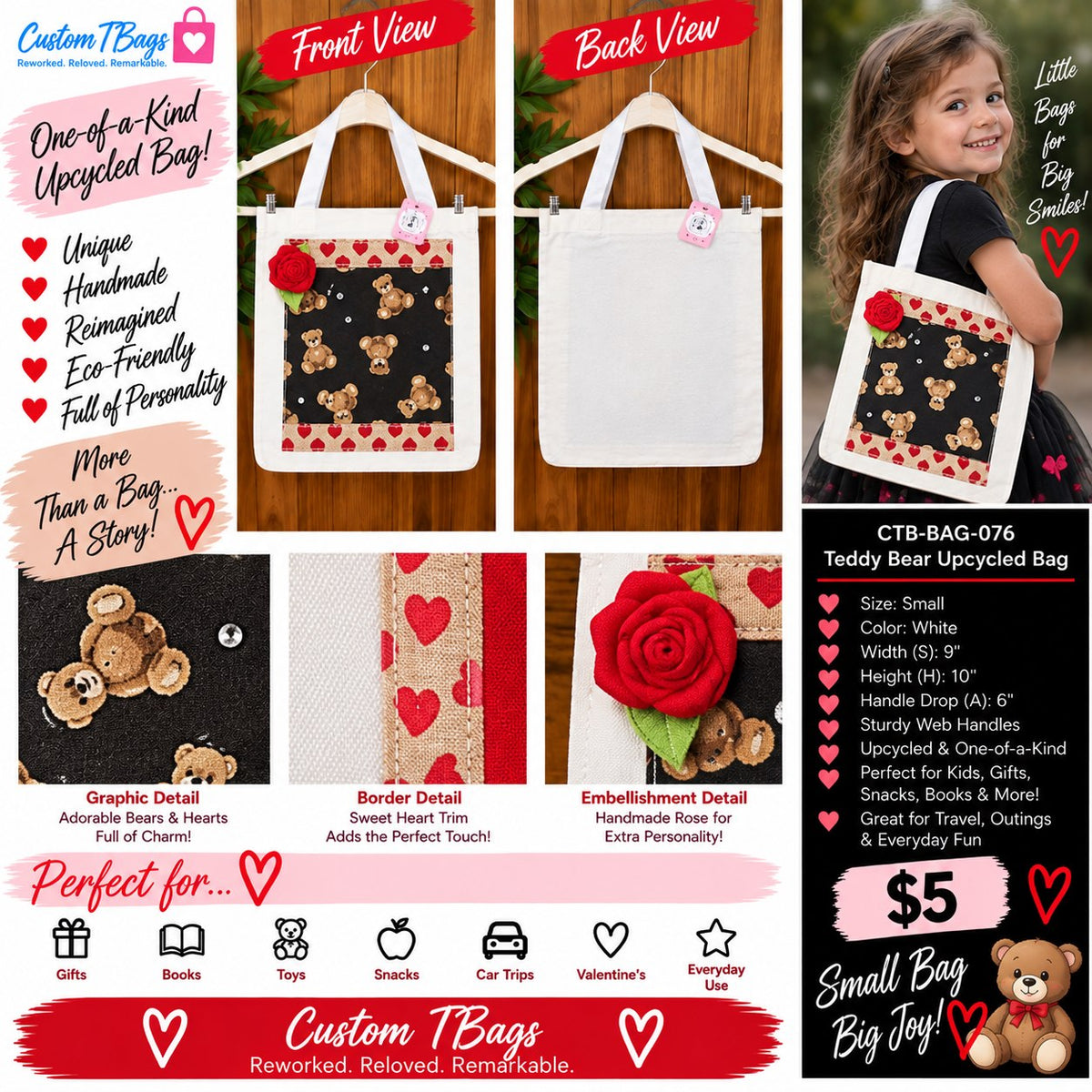 Teddy Bear Hearts Small Tote Bag | One-of-a-Kind Custom TBags - details and styling