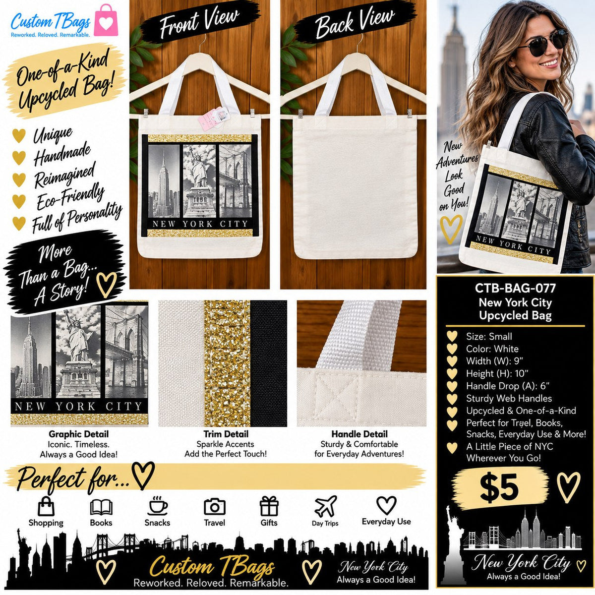 New York City Small Tote Bag | One-of-a-Kind Custom TBags - details and styling