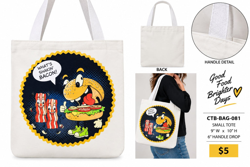 What's Shakin’ Bacon Small Tote Bag | One-of-a-Kind Custom TBags - details and styling
