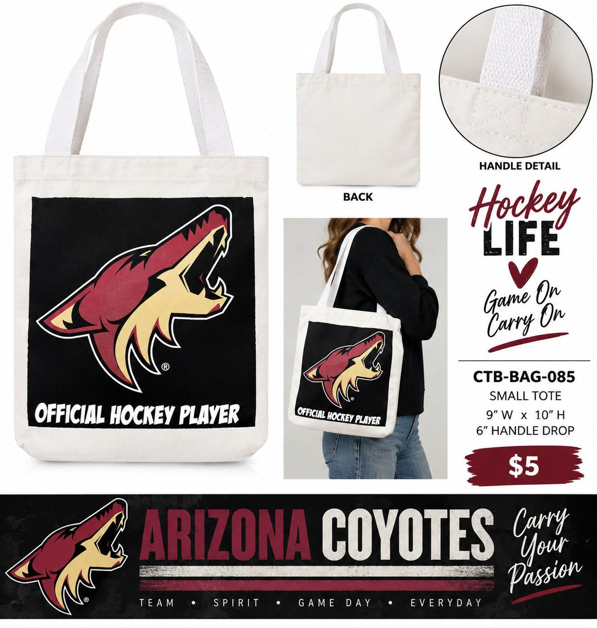 Arizona Coyotes Small Tote Bag | One-of-a-Kind Custom TBags - details and styling
