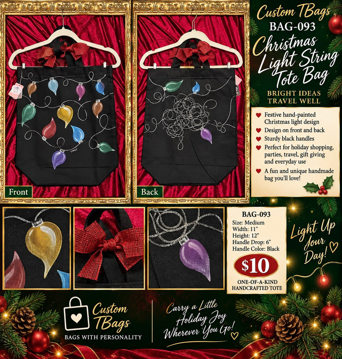 Christmas Light String Medium Tote Bag | One-of-a-Kind Custom TBags - details and styling